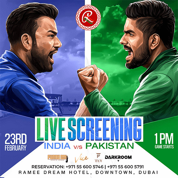 India vs. Pakistan Live Screening Sunday Cricket Match at Troy in Dubai Screenings